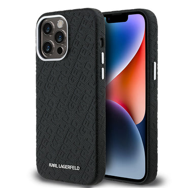 Apple iPhone 14 Pro Max Kılıf Karl Lagerfeld Orjinal Lisanslı PU Deri Damgalı Metal Yazı Logolu Kapak Siyah