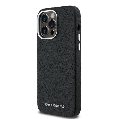 Apple iPhone 14 Pro Max Kılıf Karl Lagerfeld Orjinal Lisanslı PU Deri Damgalı Metal Yazı Logolu Kapak Siyah