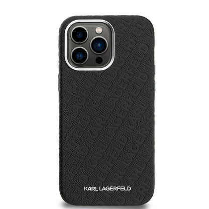 Apple iPhone 14 Pro Max Kılıf Karl Lagerfeld Orjinal Lisanslı PU Deri Damgalı Metal Yazı Logolu Kapak Siyah