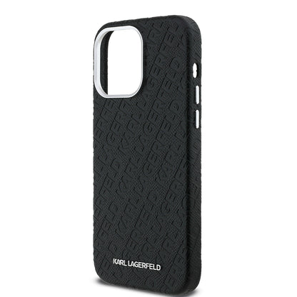 Apple iPhone 14 Pro Max Kılıf Karl Lagerfeld Orjinal Lisanslı PU Deri Damgalı Metal Yazı Logolu Kapak Siyah