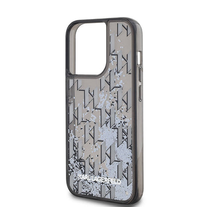 Apple iPhone 14 Pro Max Kılıf Karl Lagerfeld Orjinal Lisanslı Simli KL Yazılı Monogram Gradıent Kapak Siyah