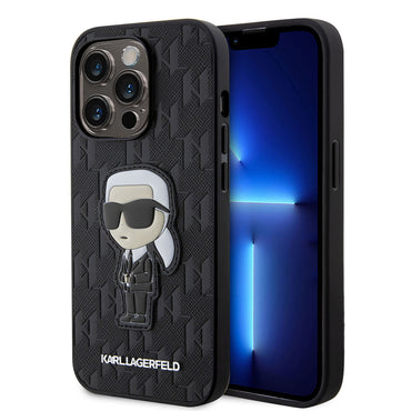 Apple iPhone 14 Pro Max Kılıf Karl Lagerfeld Saffiano Deri Karl Dizayn Kapak Siyah