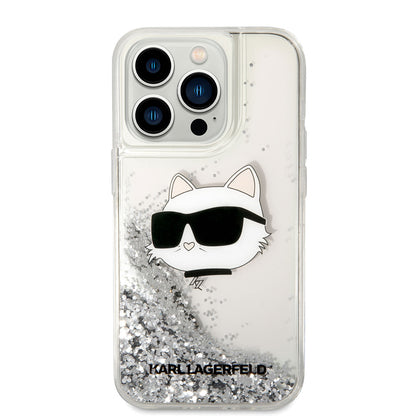 Apple iPhone 14 Pro Max Kılıf Karl Lagerfeld Sıvılı Simli Choupette Head Dizayn Kapak Pembe