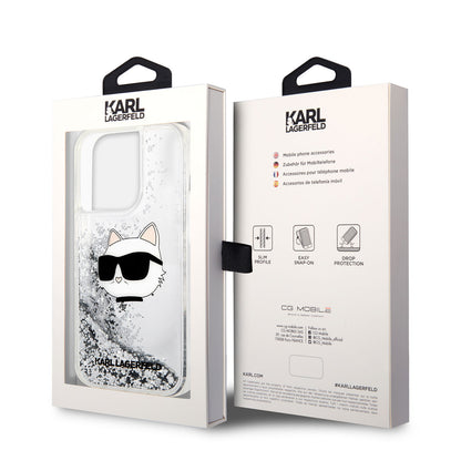 Apple iPhone 14 Pro Max Kılıf Karl Lagerfeld Sıvılı Simli Choupette Head Dizayn Kapak Pembe