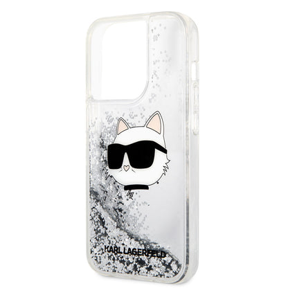 Apple iPhone 14 Pro Max Kılıf Karl Lagerfeld Sıvılı Simli Choupette Head Dizayn Kapak Pembe