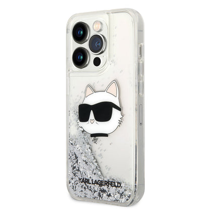 Apple iPhone 14 Pro Max Kılıf Karl Lagerfeld Sıvılı Simli Choupette Head Dizayn Kapak Siyah