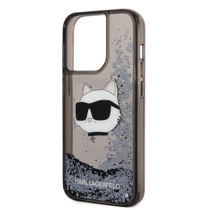 Apple iPhone 14 Pro Max Kılıf Karl Lagerfeld Sıvılı Simli Choupette Head Dizayn Kapak Gümüş