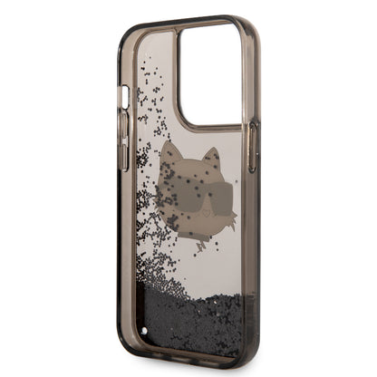 Apple iPhone 14 Pro Max Kılıf Karl Lagerfeld Sıvılı Simli Choupette Head Dizayn Kapak Pembe