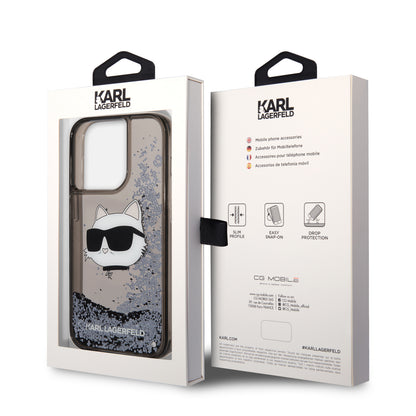 Apple iPhone 14 Pro Max Kılıf Karl Lagerfeld Sıvılı Simli Choupette Head Dizayn Kapak Pembe