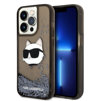 Apple iPhone 14 Pro Max Kılıf Karl Lagerfeld Sıvılı Simli Choupette Head Dizayn Kapak Pembe