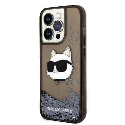 Apple iPhone 14 Pro Max Kılıf Karl Lagerfeld Sıvılı Simli Choupette Head Dizayn Kapak Gümüş