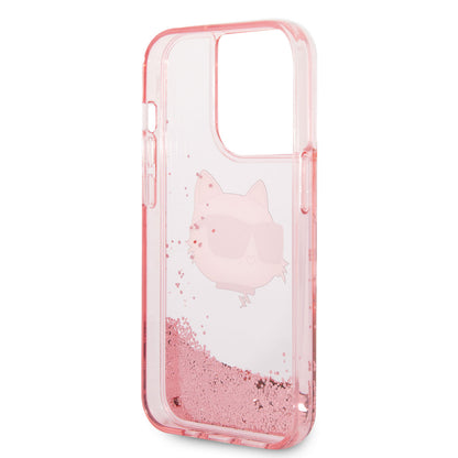 Apple iPhone 14 Pro Max Kılıf Karl Lagerfeld Sıvılı Simli Choupette Head Dizayn Kapak Gümüş