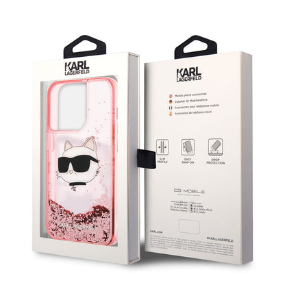 Apple iPhone 14 Pro Max Kılıf Karl Lagerfeld Sıvılı Simli Choupette Head Dizayn Kapak Pembe