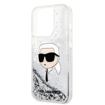 Apple iPhone 14 Pro Max Kılıf Karl Lagerfeld Sıvılı Simli Karl Head Dizayn Kapak Pembe