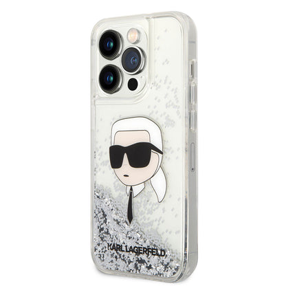 Apple iPhone 14 Pro Max Kılıf Karl Lagerfeld Sıvılı Simli Karl Head Dizayn Kapak Pembe