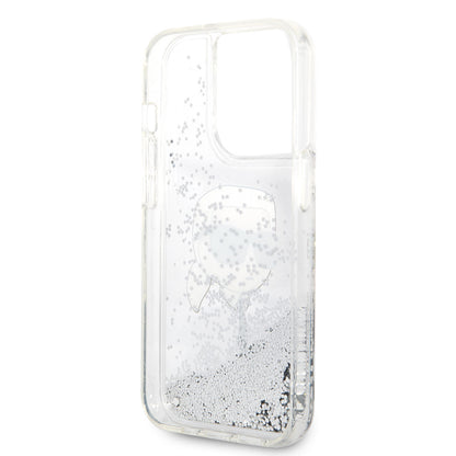 Apple iPhone 14 Pro Max Kılıf Karl Lagerfeld Sıvılı Simli Karl Head Dizayn Kapak Gümüş
