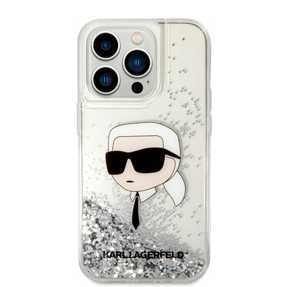 Apple iPhone 14 Pro Max Kılıf Karl Lagerfeld Sıvılı Simli Karl Head Dizayn Kapak Siyah