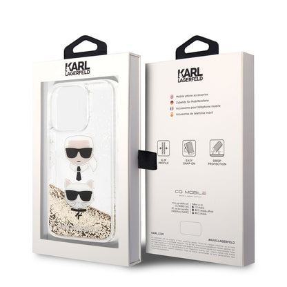 Apple iPhone 14 Pro Max Kılıf Karl Lagerfeld Sıvılı Simli K&C Head Dizayn Kapak Gold