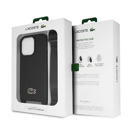 Apple iPhone 14 Pro Max Kılıf Lacoste Orjinal Lisanslı PU Pike Desenli Arka Yüzey Askılı İkonik Timsah Dokuma Logolu Kapak Lacivert