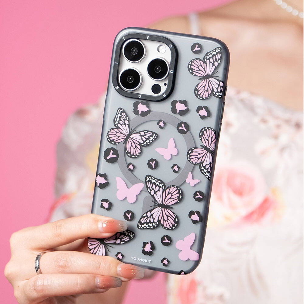 Apple iPhone 14 Pro Max Case M-safe Charging Feature Butterfly Pattern Youngkit Shadow Dance Series Cover Black 