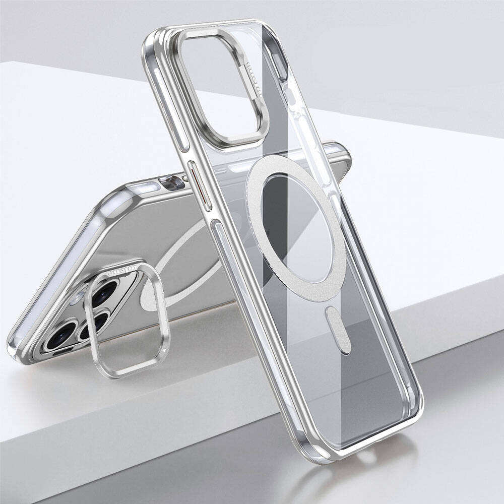 Apple iPhone 14 Pro Max Kılıf M-safe Şarj Özellikli Wlons Standlı Efsane Kapak Gümüş