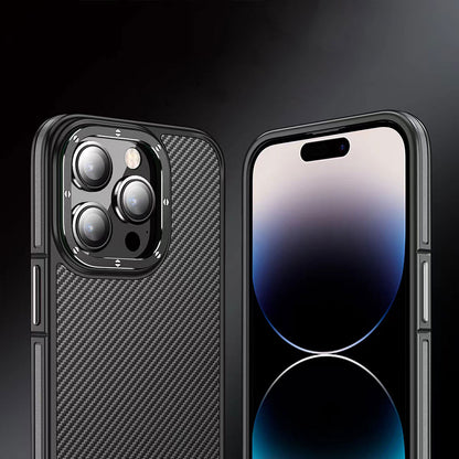 Apple iPhone 14 Pro Max Kılıf Mat Transparan Karbon Fiber Görünümlü Wlons Marin Kapak Siyah