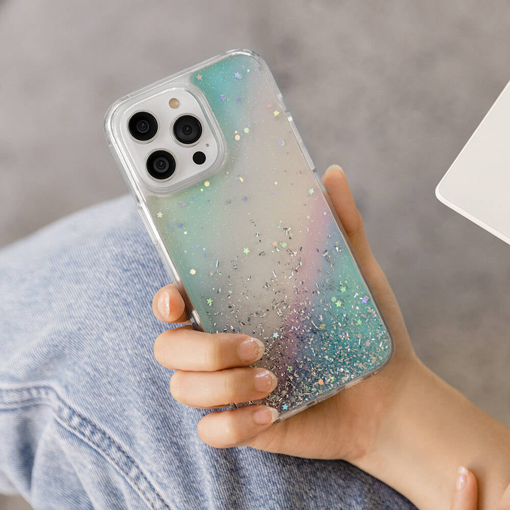 Apple iPhone 14 Pro Max Kılıf Parlayan Simli Şeffaf Lisanslı Switcheasy Starfield Kapak Renksiz