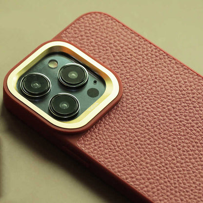 Apple iPhone 14 Pro Max Kılıf Soft Deri Metal Kamera Çerçeveli Kajsa Litchi Kapak Kahverengi