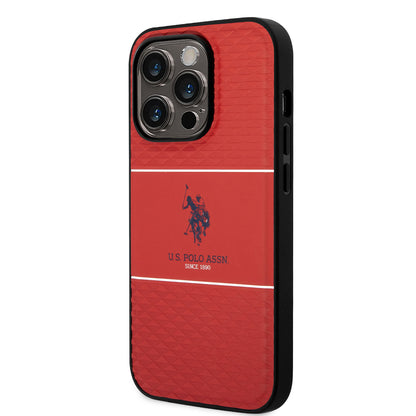 Apple iPhone 14 Pro Max Kılıf U.S. POLO ASSN. Deri Şeritli Logo Dizayn Kapak Kırmızı