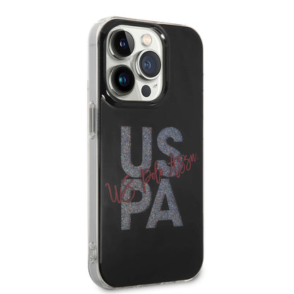 Apple iPhone 14 Pro Max Kılıf U.S. POLO ASSN. Simli Parlak Alfabe Tasarım Kapak Siyah
