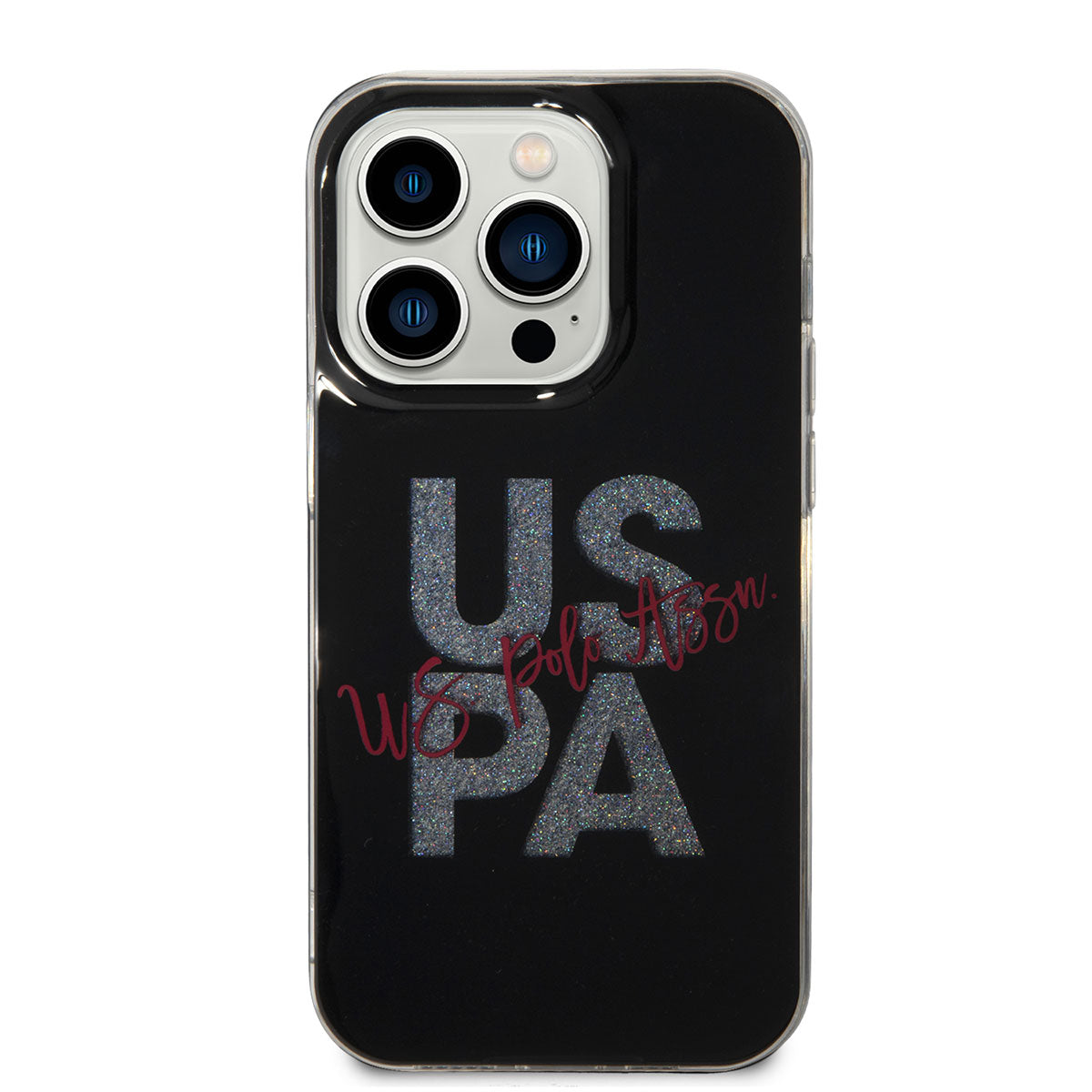 Apple iPhone 14 Pro Max Kılıf U.S. POLO ASSN. Simli Parlak Alfabe Tasarım Kapak Mavi
