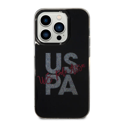 Apple iPhone 14 Pro Max Kılıf U.S. POLO ASSN. Simli Parlak Alfabe Tasarım Kapak Mavi