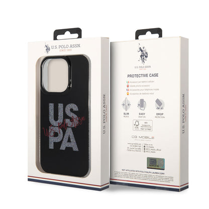 Apple iPhone 14 Pro Max Kılıf U.S. POLO ASSN. Simli Parlak Alfabe Tasarım Kapak Mavi