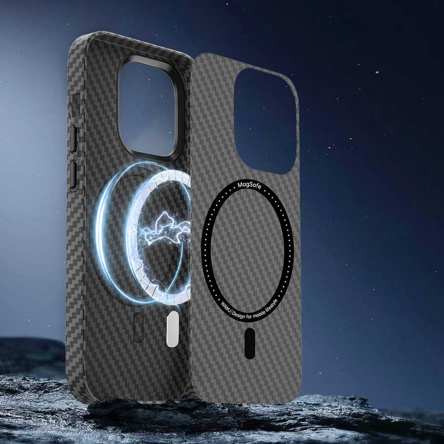 Apple iPhone 14 Pro Max Case Wiwu Carbon Fiber Look M-safe Wireless Charging Featured Cabon Cover Black