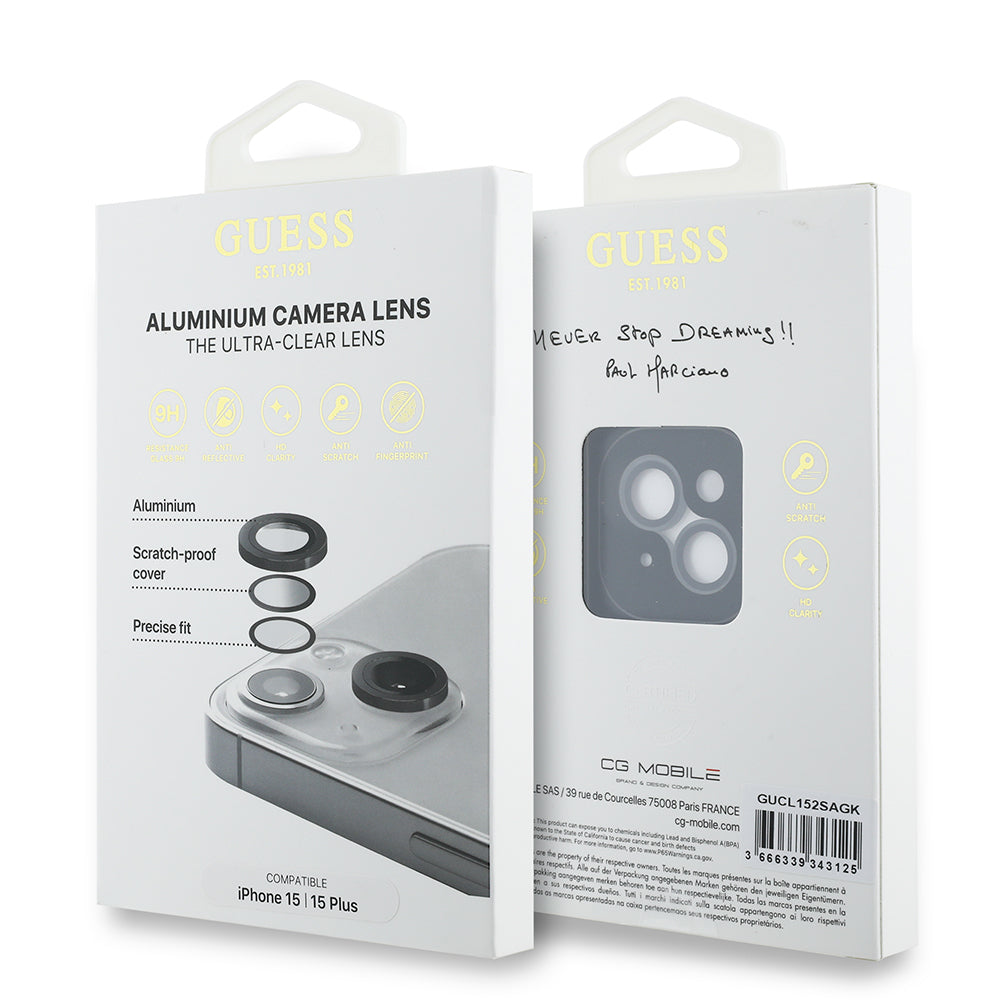 Apple iPhone 15 Guess Original Licensed Metal Camera Lens Protector Black 