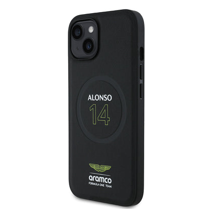 Apple iPhone 15 Kılıf Aston Martin Orjinal Lisanslı M-safe Şarj Özellikli PU Deri Alonso 14 Baskılı Kapak Siyah