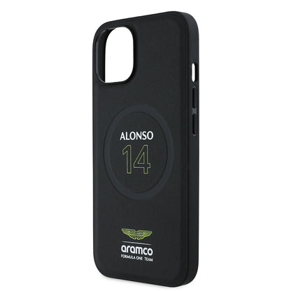 Apple iPhone 15 Kılıf Aston Martin Orjinal Lisanslı M-safe Şarj Özellikli PU Deri Alonso 14 Baskılı Kapak Siyah