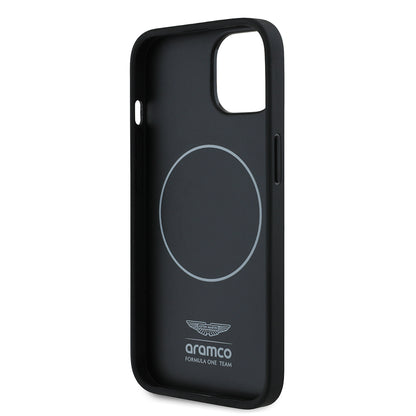 Apple iPhone 15 Kılıf Aston Martin Orjinal Lisanslı M-safe Şarj Özellikli PU Deri Alonso 14 Baskılı Kapak Siyah