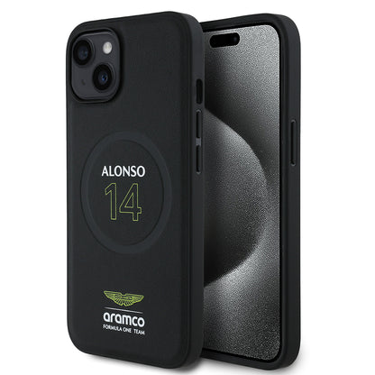 Apple iPhone 15 Kılıf Aston Martin Orjinal Lisanslı M-safe Şarj Özellikli PU Deri Alonso 14 Baskılı Kapak Siyah