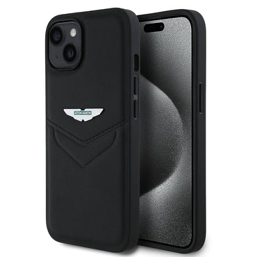 Apple iPhone 15 Kılıf Aston Martin Orjinal Lisanslı Victory Dizayn PU Deri Metal Logolu Kapak Siyah