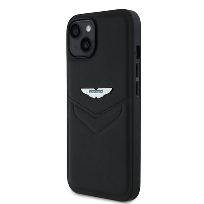 Apple iPhone 15 Kılıf Aston Martin Orjinal Lisanslı Victory Dizayn PU Deri Metal Logolu Kapak Siyah