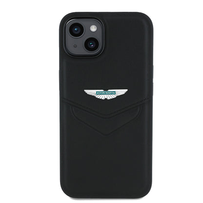 Apple iPhone 15 Kılıf Aston Martin Orjinal Lisanslı Victory Dizayn PU Deri Metal Logolu Kapak Siyah