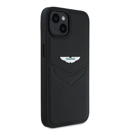 Apple iPhone 15 Kılıf Aston Martin Orjinal Lisanslı Victory Dizayn PU Deri Metal Logolu Kapak Siyah
