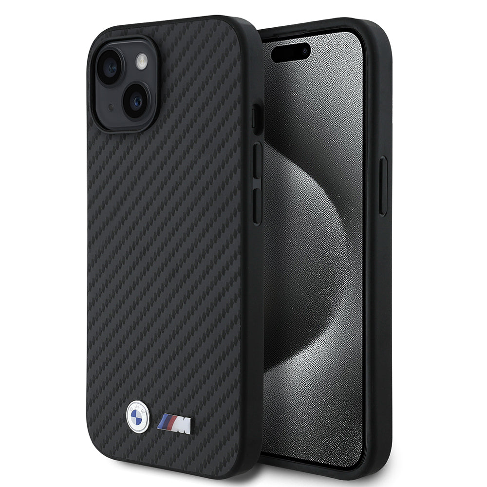Apple iPhone 15 Kılıf BMW Orjinal Lisanslı Karbon Fiber Tasarımlı ve Metal Logolu PU Deri Kapak Siyah
