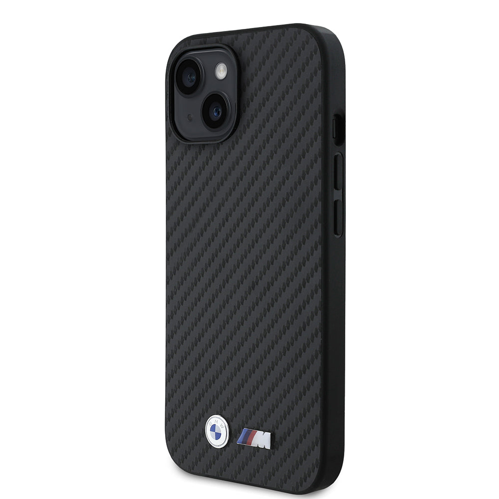 Apple iPhone 15 Kılıf BMW Orjinal Lisanslı Karbon Fiber Tasarımlı ve Metal Logolu PU Deri Kapak Siyah