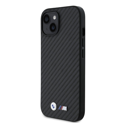 Apple iPhone 15 Kılıf BMW Orjinal Lisanslı Karbon Fiber Tasarımlı ve Metal Logolu PU Deri Kapak Siyah