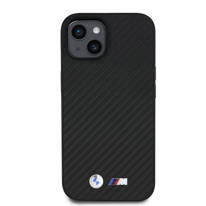 Apple iPhone 15 Kılıf BMW Orjinal Lisanslı Karbon Fiber Tasarımlı ve Metal Logolu PU Deri Kapak Siyah