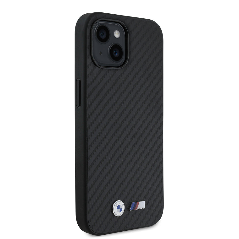 Apple iPhone 15 Kılıf BMW Orjinal Lisanslı Karbon Fiber Tasarımlı ve Metal Logolu PU Deri Kapak Siyah