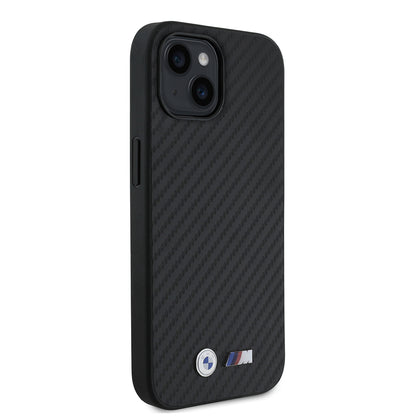 Apple iPhone 15 Kılıf BMW Orjinal Lisanslı Karbon Fiber Tasarımlı ve Metal Logolu PU Deri Kapak Siyah