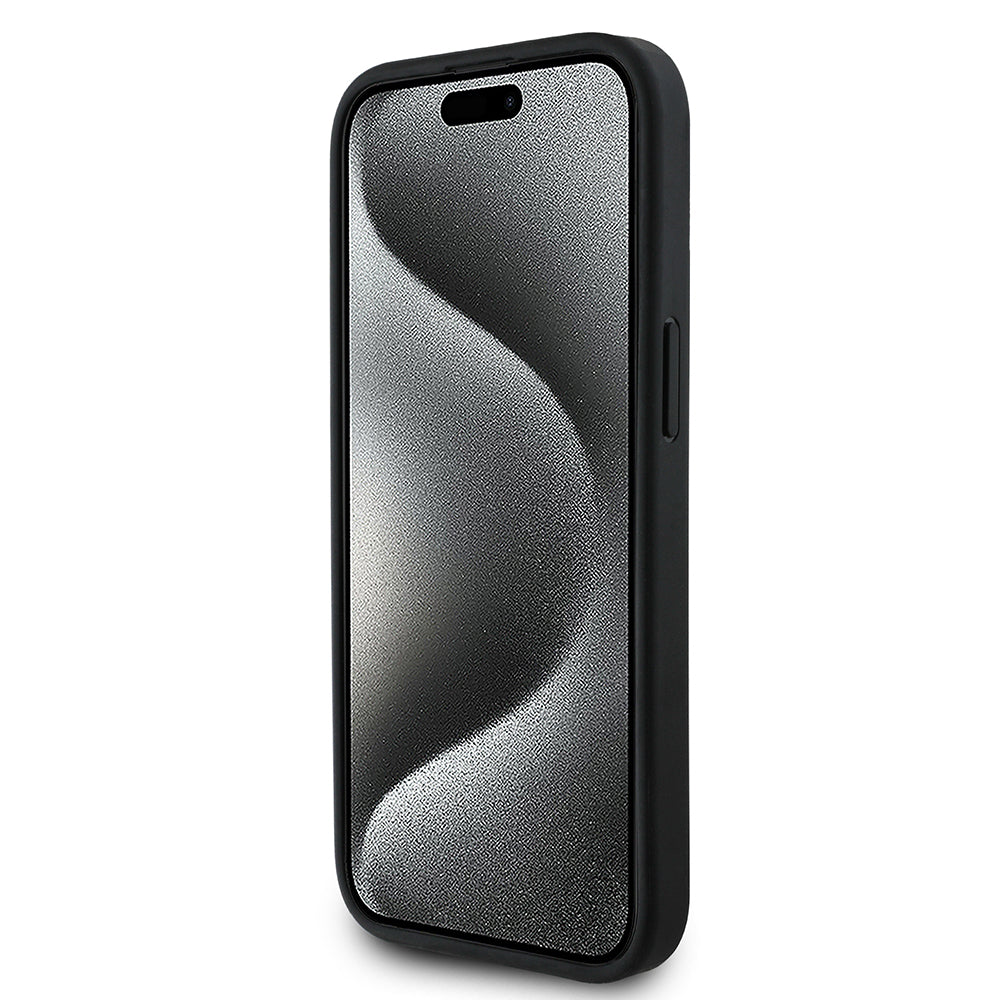 Apple iPhone 15 Kılıf BMW Orjinal Lisanslı Karbon Fiber Tasarımlı ve Metal Logolu PU Deri Kapak Siyah
